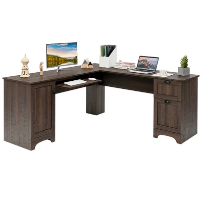 Costway L-Shaped Corner Computer Desk Writing Table Study Workstation Drawers BlackBrown 10 Costway L-Shaped Corner Computer Desk Writing Table Study Workstation Drawers BlackBrown - Image 10
