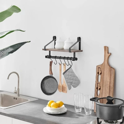 6 Hook Amelia Wall Shelf With Hanging Rod Black/Rustic - Danya B. 2 6 Hook Amelia Wall Shelf With Hanging Rod Black/Rustic - Danya B. - Image 2