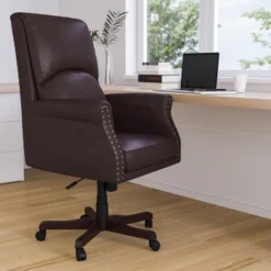 Merrick Lane Ergonomic Executive Office Chair With High Pillowed Back & Rolled Arms In Brown Faux Leather With Mahogany Finish Base 18 Merrick Lane Ergonomic Executive Office Chair With High Pillowed Back & Rolled Arms In Brown Faux Leather With Mahogany Finish Base -WorkHaven Sales Shop GUEST 8d668877 bf70 4026 8f32 a82c131e83d1