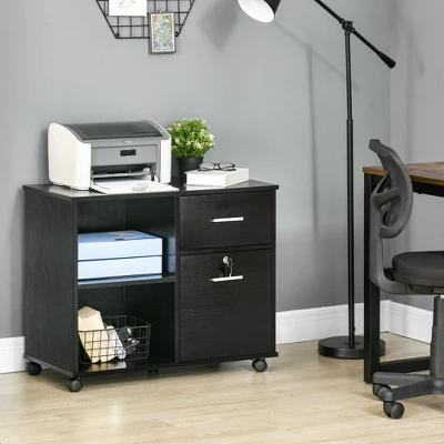 Vinsetto Lateral File Cabinet With Wheels, Mobile Printer Stand With Open Shelves And Drawers For A4 Size Documents, Black 2 Vinsetto Lateral File Cabinet With Wheels, Mobile Printer Stand With Open Shelves And Drawers For A4 Size Documents, Black - Image 2
