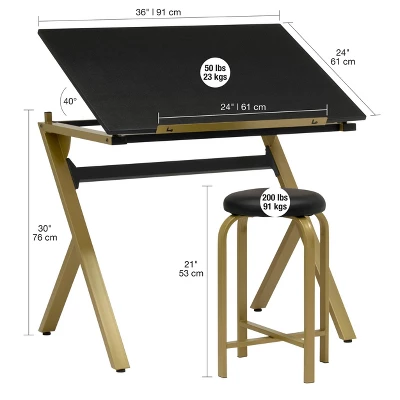 2pc Stellar Drawing Table With 36" Adjustable Top With Stool Set Black/Gold - Studio Designs 17 2pc Stellar Drawing Table With 36" Adjustable Top With Stool Set Black/Gold - Studio Designs - Image 17