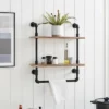 2-Tier Olivia Pipe Wall Shelf Unit With Hanging Rod Black/Rustic - Danya B.