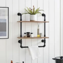 2-Tier Olivia Pipe Wall Shelf Unit With Hanging Rod Black/Rustic - Danya B.