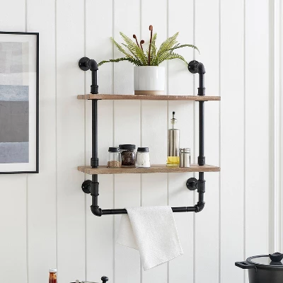 2-Tier Olivia Pipe Wall Shelf Unit With Hanging Rod Black/Rustic - Danya B. 1 2-Tier Olivia Pipe Wall Shelf Unit With Hanging Rod Black/Rustic - Danya B.