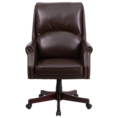 Merrick Lane Ergonomic Executive Office Chair With High Pillowed Back & Rolled Arms In Brown Faux Leather With Mahogany Finish Base 3 Merrick Lane Ergonomic Executive Office Chair With High Pillowed Back & Rolled Arms In Brown Faux Leather With Mahogany Finish Base - Image 3