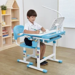 Mount-It! Kid's Desk And Chair Set With Lamp And Book Holder - Blue