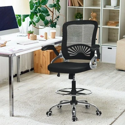 Costway Mesh Drafting Chair Mid Back Office Chair Adjustable Height Flip-Up Arm Black 4 Costway Mesh Drafting Chair Mid Back Office Chair Adjustable Height Flip-Up Arm Black - Image 4