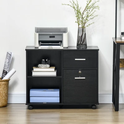 Vinsetto Lateral File Cabinet With Wheels, Mobile Printer Stand With Open Shelves And Drawers For A4 Size Documents, Black 1 Vinsetto Lateral File Cabinet With Wheels, Mobile Printer Stand With Open Shelves And Drawers For A4 Size Documents, Black