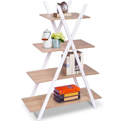 Costway 4-Tier Bookshelf Storage Display Shelves Bookcase Ladder X-Shape 7 Costway 4-Tier Bookshelf Storage Display Shelves Bookcase Ladder X-Shape - Image 7