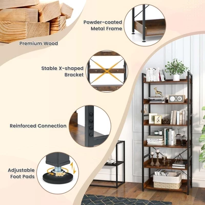 Costway 6-Tier Bookshelf Open Display Shelves Storage Rack Metal Frame With 4 Hooks Rustic 6 Costway 6-Tier Bookshelf Open Display Shelves Storage Rack Metal Frame With 4 Hooks Rustic - Image 6