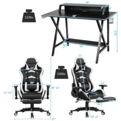 Costway Gaming Desk&Massage Gaming Chair Set W/ Footrest Monitor Shelf Power Strip White