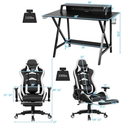 Costway Gaming Desk&Massage Gaming Chair Set W/ Footrest Monitor Shelf Power Strip White 1 Costway Gaming Desk&Massage Gaming Chair Set W/ Footrest Monitor Shelf Power Strip White