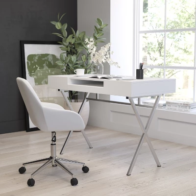 Merrick Lane Computer Desk Contemporary Granite White Writing Desk With Metal Crisscross Frame, Keyboard Tray And 2 Box Drawers 6 Merrick Lane Computer Desk Contemporary Granite White Writing Desk With Metal Crisscross Frame, Keyboard Tray And 2 Box Drawers - Image 6