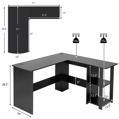 Tangkula L-Shaped Office Computer Desk W/ Spacious Desktop & 2-Tier Open Shelves Black 2 Tangkula L-Shaped Office Computer Desk W/ Spacious Desktop & 2-Tier Open Shelves Black - Image 2