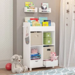 RiverRidge Home Kids’ Book Nook Toy Storage Organizer With Bookrack And 2 Bonus 10'' Floating Wall Bookshelves White - RiverRidge