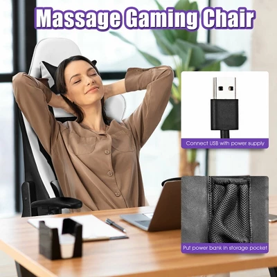 Costway Massage Gaming Chair Reclining Racing Office Computer Chair With Footrest White 5 Costway Massage Gaming Chair Reclining Racing Office Computer Chair With Footrest White - Image 5