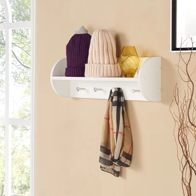Danya B Utility Shelf With Four Large Stainless Steel Hooks White 2 Danya B Utility Shelf With Four Large Stainless Steel Hooks White - Image 2