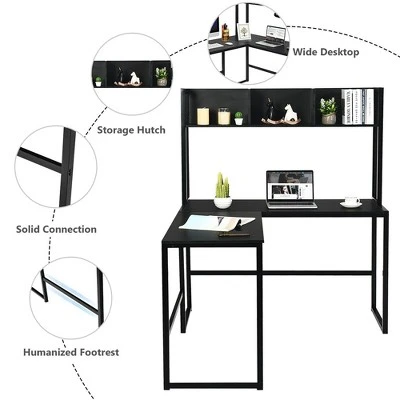 Costway 55'' L-Shaped Desk Corner Computer Desk W/Hutch Black 5 Costway 55'' L-Shaped Desk Corner Computer Desk W/Hutch Black - Image 5