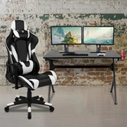 Flash Furniture Gaming Desk And Reclining Gaming Chair Set With Cup Holder, Headphone Hook & 2 Wire Management Holes