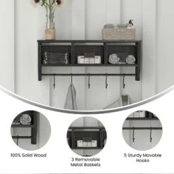 Emma And Oliver Rustic Country Wall Mounted Shelf With 5 Adjustable Sliding Hooks And Three Wire Storage Baskets -WorkHaven Sales Shop GUEST bc3f8ae2 be25 4834 ab5b bb746a74dc15