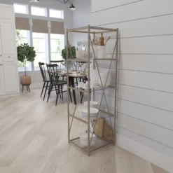 Merrick Lane 64" Modern Bookshelf Glass 4-Shelf Bookcase With Powder Coated Matte Gold Cross Braced Frame