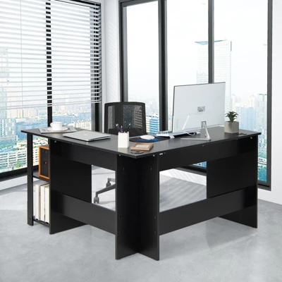 Tangkula L-Shaped Office Computer Desk W/ Spacious Desktop & 2-Tier Open Shelves Black 4 Tangkula L-Shaped Office Computer Desk W/ Spacious Desktop & 2-Tier Open Shelves Black - Image 4