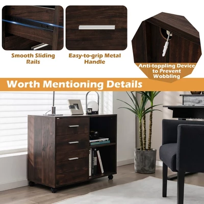 Costway 3-Drawer Wood File Cabinet Mobile Lateral Printer Stand With Open Storage Shelves 7 Costway 3-Drawer Wood File Cabinet Mobile Lateral Printer Stand With Open Storage Shelves - Image 7