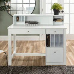 Home Office Deluxe White Wood Storage Computer Desk With Hutch - Saracina Home