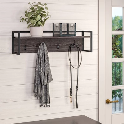 Afton 4 Hook Metal Frame Wall Shelf Woodgrain - RiverRidge Home 1 Afton 4 Hook Metal Frame Wall Shelf Woodgrain - RiverRidge Home
