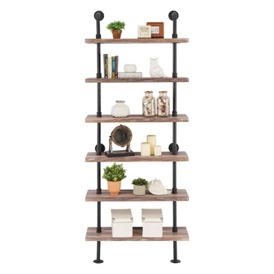 Modern Industrial 6-Tier Iron Pipe Wall Mount Ladder Shelf Distressed Wood - Danya B. 3 Modern Industrial 6-Tier Iron Pipe Wall Mount Ladder Shelf Distressed Wood - Danya B. - Image 3