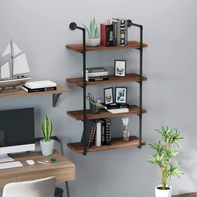 HOMCOM 4-Tier Industrial Pipe Shelves Floating Wall Mounted Bookshelf, Metal Frame Display Rack, 1.25" Thickness Shelving Unit Kitchen, Bar, Brown 1 HOMCOM 4-Tier Industrial Pipe Shelves Floating Wall Mounted Bookshelf, Metal Frame Display Rack, 1.25" Thickness Shelving Unit Kitchen, Bar, Brown