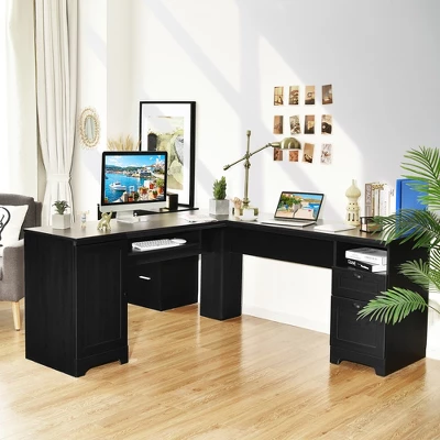 Costway L-Shaped Corner Computer Desk Writing Table Study Workstation W/ Drawers Storage Black 2 Costway L-Shaped Corner Computer Desk Writing Table Study Workstation W/ Drawers Storage Black - Image 2