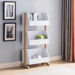 FC Design Two-Toned Bookcase With Three Shelves Wooden Display Storage Cabinet In White And Weathered White Finish