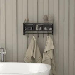 Emma And Oliver Rustic Country Wall Mounted Shelf With 5 Adjustable Sliding Hooks And Three Wire Storage Baskets -WorkHaven Sales Shop GUEST d6031d16 bd73 44e2 97c9 28fda2b0b7c2