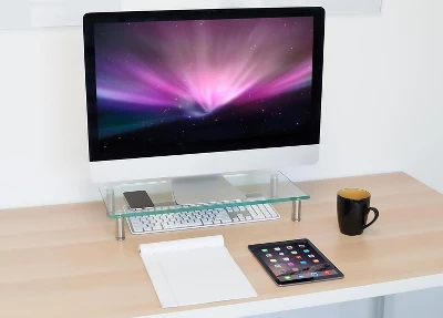 Mount-It! Clear Glass Monitor Stand Computer Desktop Riser, Tempered Glass, Fits 24, 27, 30, 32 Inch Screens, 66 Lbs. Capacity 2 Mount-It! Clear Glass Monitor Stand Computer Desktop Riser, Tempered Glass, Fits 24, 27, 30, 32 Inch Screens, 66 Lbs. Capacity - Image 2