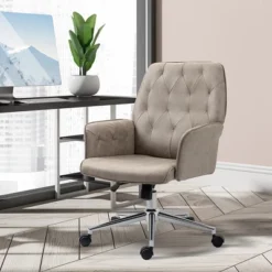 Vinsetto Modern Mid-Back Tufted Velvet Fabric Home Office Desk Chair With Adjustable Height, Swivel Adjustable Task Chair With Armrests, Light Gray