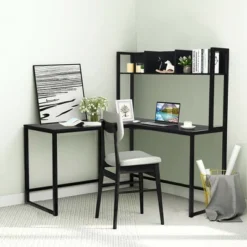 Costway 55'' L-Shaped Desk Corner Computer Desk W/Hutch Black