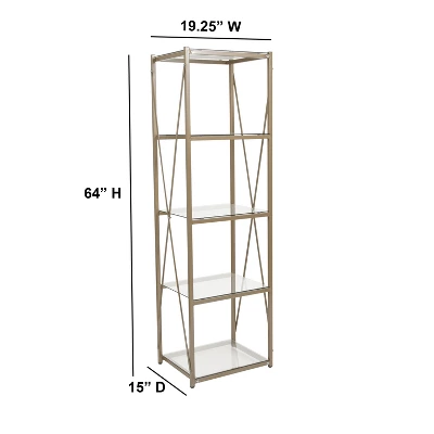 Merrick Lane 64" Modern Bookshelf Glass 4-Shelf Bookcase With Powder Coated Matte Gold Cross Braced Frame 7 Merrick Lane 64" Modern Bookshelf Glass 4-Shelf Bookcase With Powder Coated Matte Gold Cross Braced Frame - Image 7