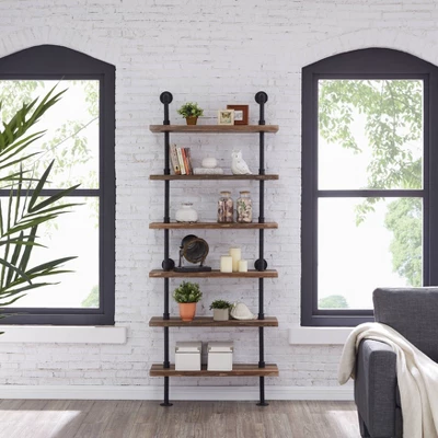 Modern Industrial 6-Tier Iron Pipe Wall Mount Ladder Shelf Distressed Wood - Danya B. 2 Modern Industrial 6-Tier Iron Pipe Wall Mount Ladder Shelf Distressed Wood - Danya B. - Image 2