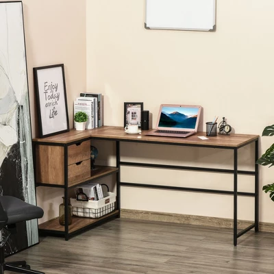 HOMCOM L-Shaped Home Office Writing Desk With Storage Shelf Drawer Industrial Corner PC Study Table Computer Workstation Brown 1 HOMCOM L-Shaped Home Office Writing Desk With Storage Shelf Drawer Industrial Corner PC Study Table Computer Workstation Brown