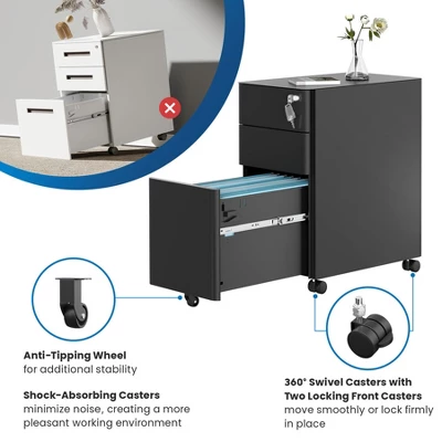 Mount-It! Mobile File Pedestal Cabinet With 3 Drawers & Lock | Slim Design Under Desk Storage & Organizer For Files, Folders & Office Supplies | Black 7 Mount-It! Mobile File Pedestal Cabinet With 3 Drawers & Lock | Slim Design Under Desk Storage & Organizer For Files, Folders & Office Supplies | Black - Image 7