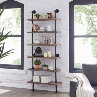 Modern Industrial 6-Tier Iron Pipe Wall Mount Ladder Shelf Distressed Wood - Danya B. 1 Modern Industrial 6-Tier Iron Pipe Wall Mount Ladder Shelf Distressed Wood - Danya B.