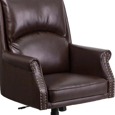 Merrick Lane Ergonomic Executive Office Chair With High Pillowed Back & Rolled Arms In Brown Faux Leather With Mahogany Finish Base 11 Merrick Lane Ergonomic Executive Office Chair With High Pillowed Back & Rolled Arms In Brown Faux Leather With Mahogany Finish Base - Image 11