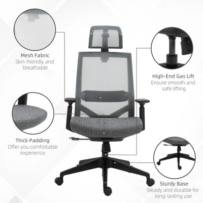 Vinsetto Mesh Fabric Home Office Task Chair With High Back, Adjustable Seat, Recline, Headrest And Lumbar Support, Gray 5 Vinsetto Mesh Fabric Home Office Task Chair With High Back, Adjustable Seat, Recline, Headrest And Lumbar Support, Gray - Image 5