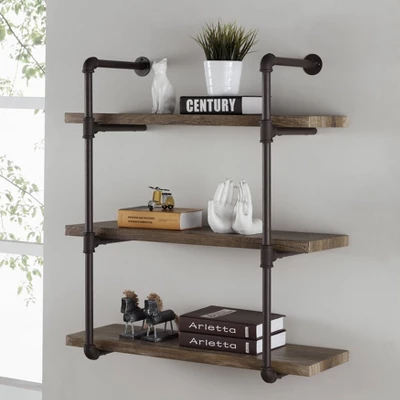 35" X 31.5" Three Tier Industrial Pipe Wall Shelf Natural - Danya B. 1 35" X 31.5" Three Tier Industrial Pipe Wall Shelf Natural - Danya B.