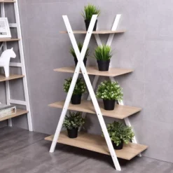 Costway 4-Tier Bookshelf Storage Display Shelves Bookcase Ladder X-Shape