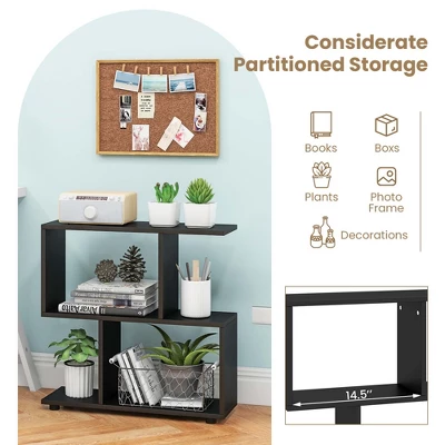 Costway 2 PCS 2-Tier Bookshelf Free Standing Wooden Display S-Shaped Shelf Storage Rack Black/Brown 6 Costway 2 PCS 2-Tier Bookshelf Free Standing Wooden Display S-Shaped Shelf Storage Rack Black/Brown - Image 6