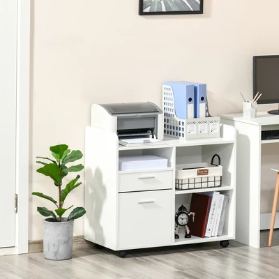 Vinsetto Filing Cabinet Printer Stand Mobile Lateral File Cabinet With 2 Drawers, 3 Open Storage Shelves For Home Office Organization, White 1 Vinsetto Filing Cabinet Printer Stand Mobile Lateral File Cabinet With 2 Drawers, 3 Open Storage Shelves For Home Office Organization, White
