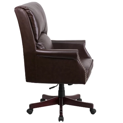Merrick Lane Ergonomic Executive Office Chair With High Pillowed Back & Rolled Arms In Brown Faux Leather With Mahogany Finish Base 2 Merrick Lane Ergonomic Executive Office Chair With High Pillowed Back & Rolled Arms In Brown Faux Leather With Mahogany Finish Base - Image 2