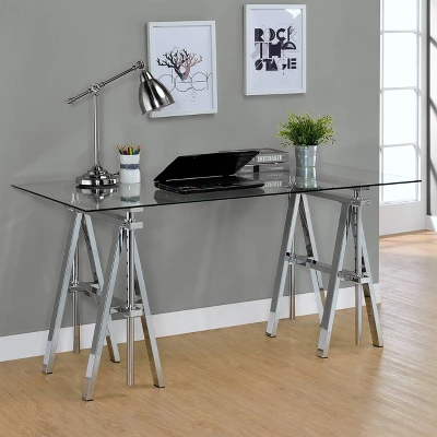 Statham Glass Top Adjustable Sawhorse Standing Desk Chrome - Coaster 1 Statham Glass Top Adjustable Sawhorse Standing Desk Chrome - Coaster